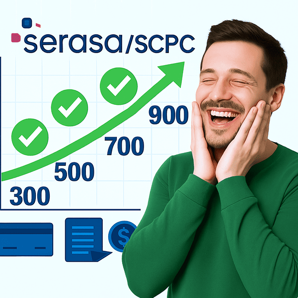 Pessoa preocupada com a pontuação de crédito, com gráfico de score ao fundo, representando situação de negativação indevida."